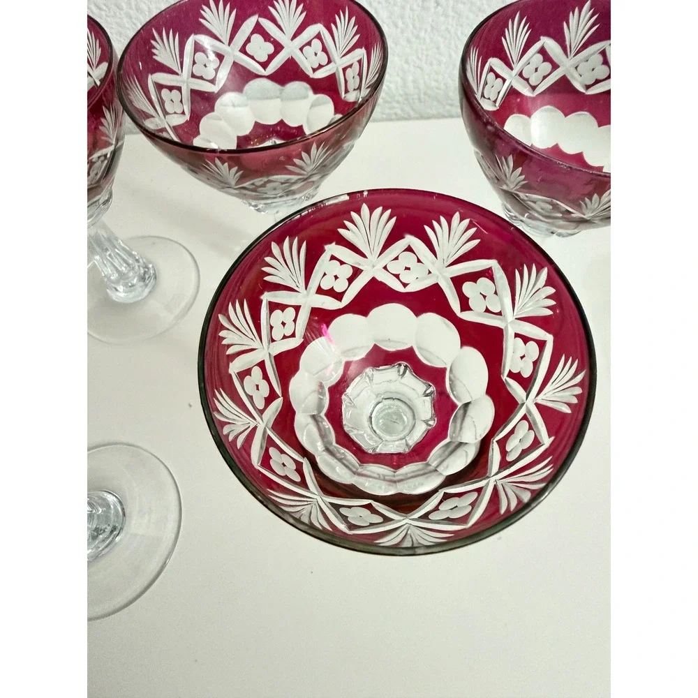 Vintage Cranberry Cut to Clear Crystal Cordial Glasses Set of 5 Ruby Red Floral